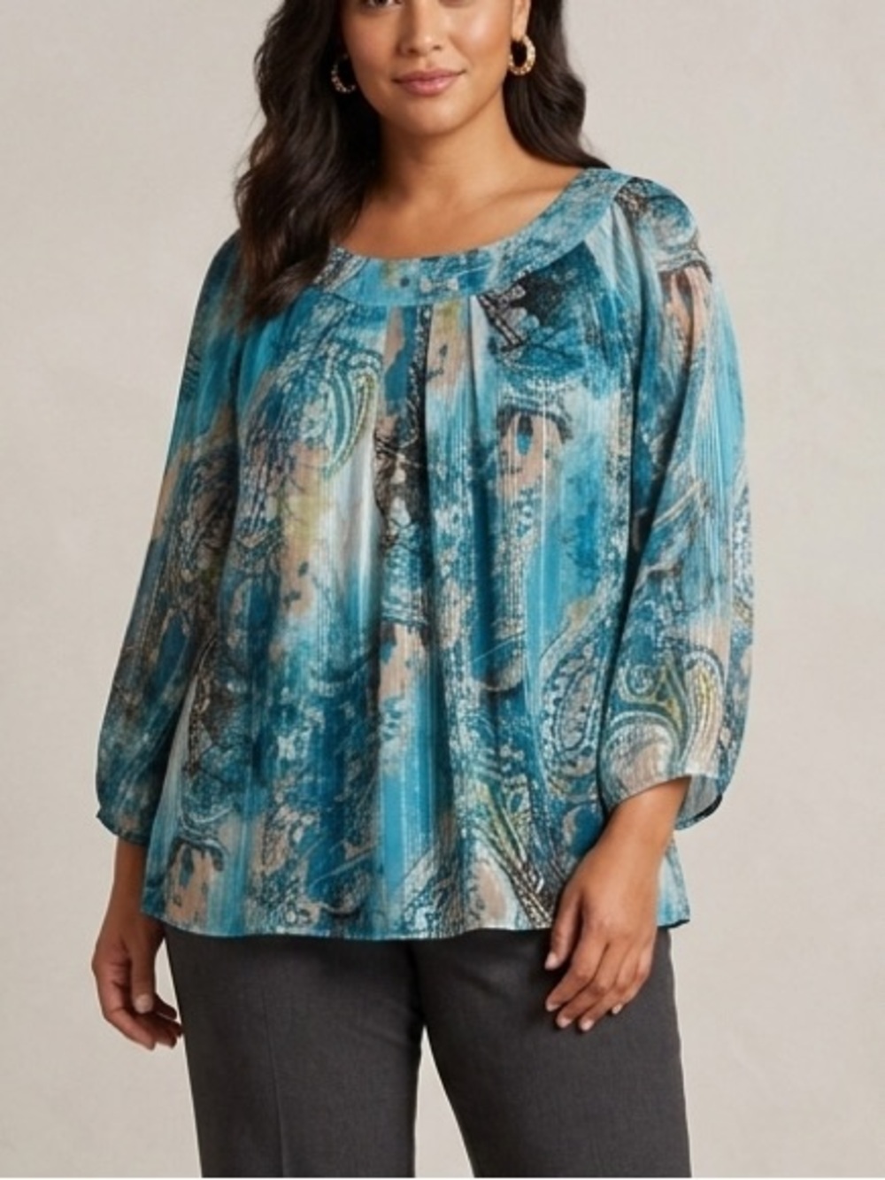 Sara Michelle 1X Blouse Top Teal Blue Paisley Metallic Shimmer Plus Size Pleated